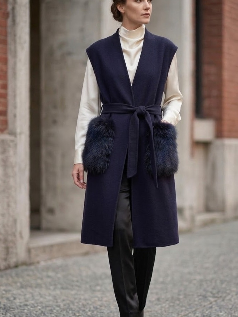 Navy Wool / Cashmere Duster Vest Fur Pockets S EU 36 Quiet Luxury / Italian Luxe